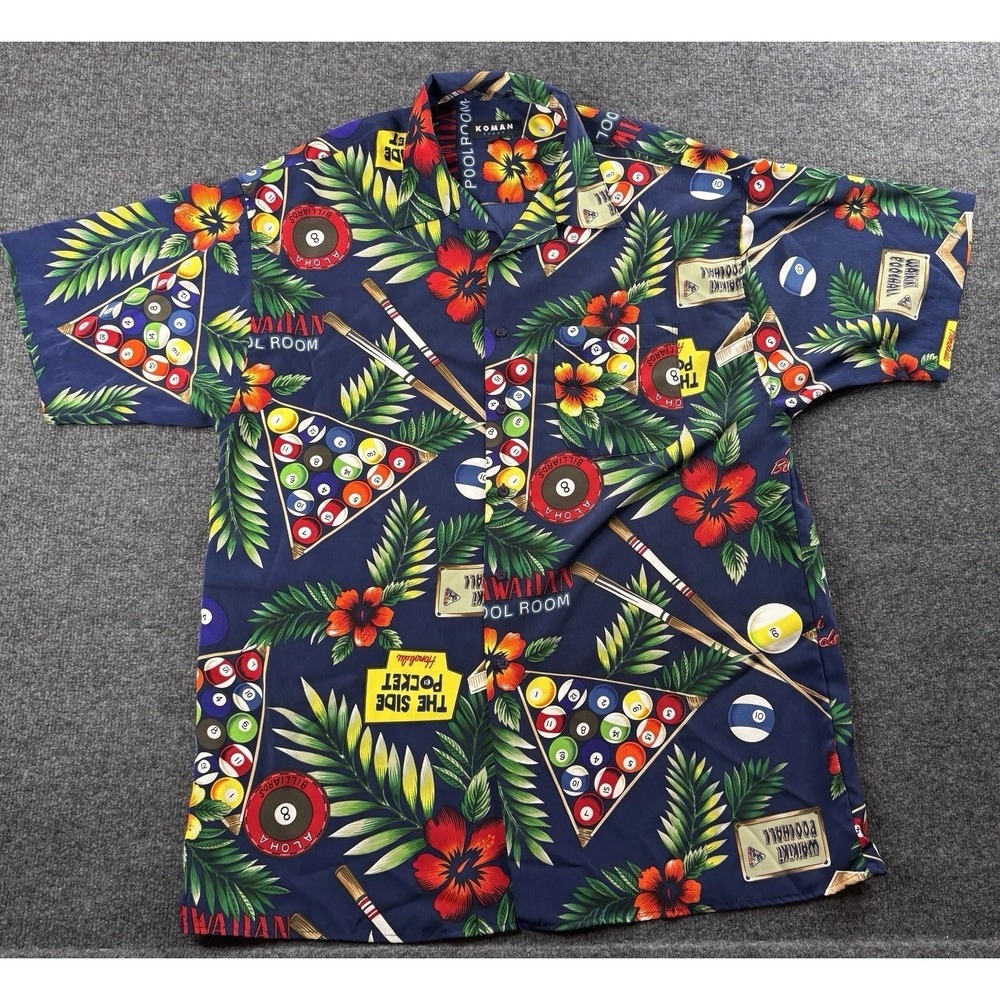 Koman Sport Hawaiian Shirt Size Large Pool Ball Short Sleeve Billiards EUC AOP
